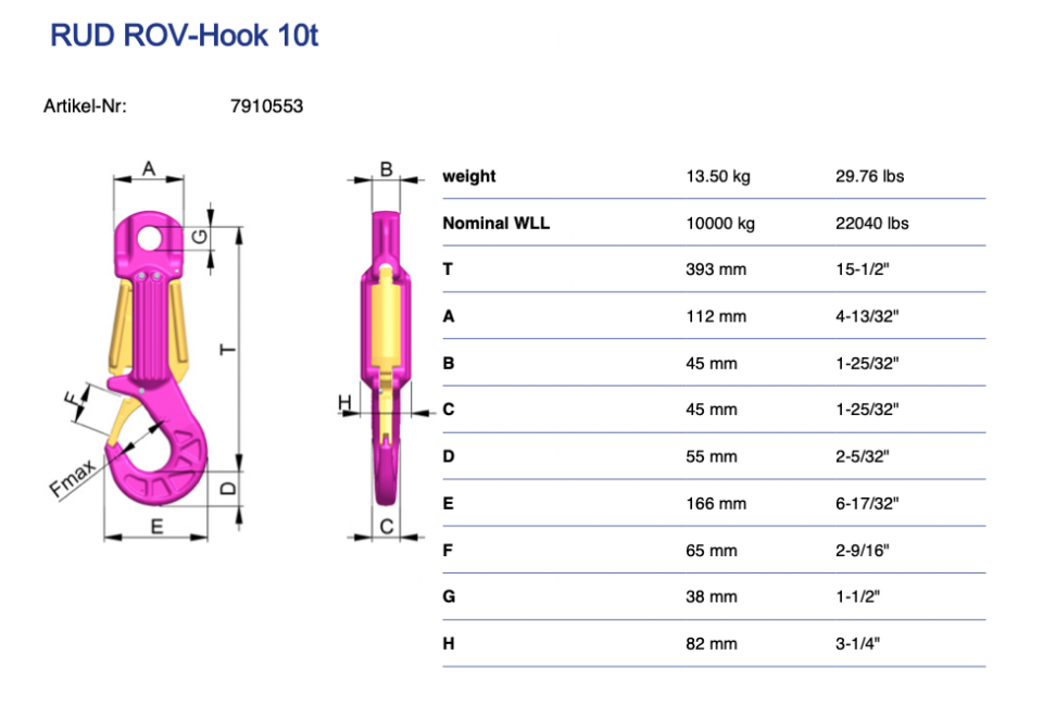 Specifications ROV hook 10t